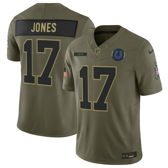 Men's Indianapolis Colts #17 Daniel Jones Olive 2025 Salute to Service Limited Football Stitched Jersey