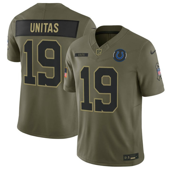 Men's Indianapolis Colts #19 Johnny Unitas Olive 2025 Salute to Service Limited Football Stitched Jersey