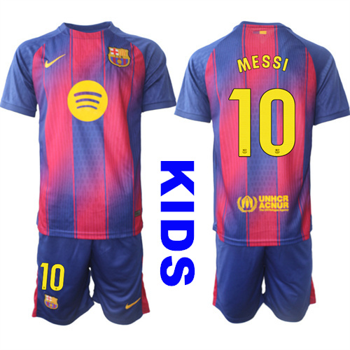 Youth Barcelona #10 MESSI 2025-26 Home Red Suit Soccer Kids Jerseys