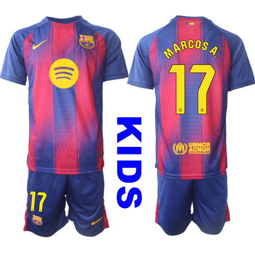 Youth Barcelona #17 MARCOS A. 2025-26 Home Red Suit Soccer Kids Jerseys
