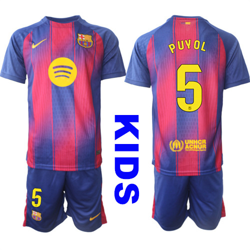 Youth Barcelona #5 PUYOL 2025-26 Home Red Suit Soccer Kids Jerseys