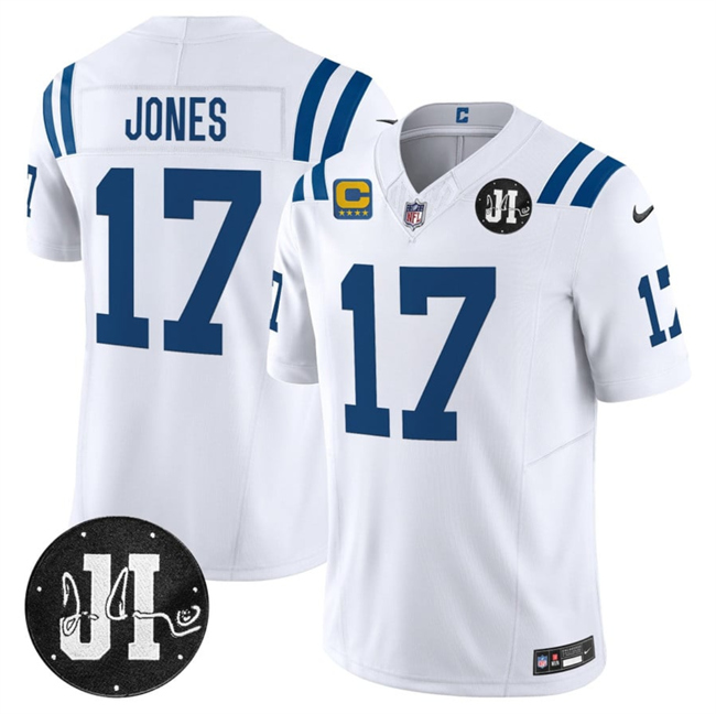 Men's Indianapolis Colts #17 Daniel Jones White 2025 F.U.S.E. With 4-Star C Patch And Jim Irsay Patch Vapor Limited Football Stitched Jersey