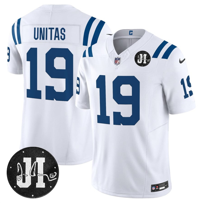 Men's Indianapolis Colts #19 Johnny Unitas White 2025 F.U.S.E. Jim Irsay Patch Vapor Limited Football Stitched Jersey