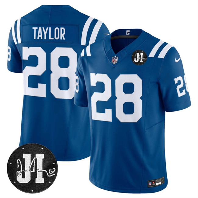 Men's Indianapolis Colts #28 Jonathan Taylor Blue 2025 F.U.S.E. Jim Irsay Patch Vapor Limited Football Stitched Jersey