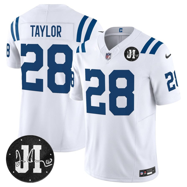 Men's Indianapolis Colts #28 Jonathan Taylor White 2025 F.U.S.E. Jim Irsay Patch Vapor Limited Football Stitched Jersey