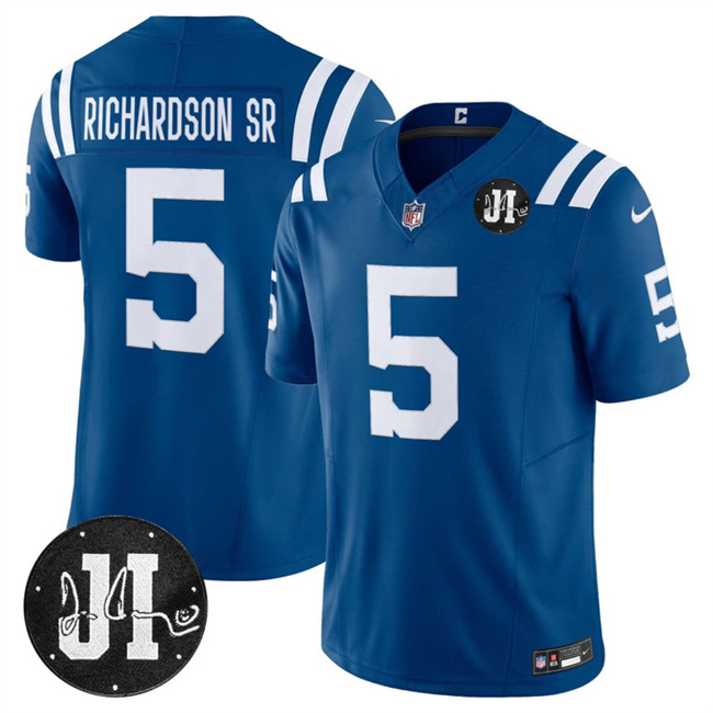 Men's Indianapolis Colts #5 Anthony Richardson Blue 2025 F.U.S.E. Jim Irsay Patch Vapor Limited Football Stitched Jersey