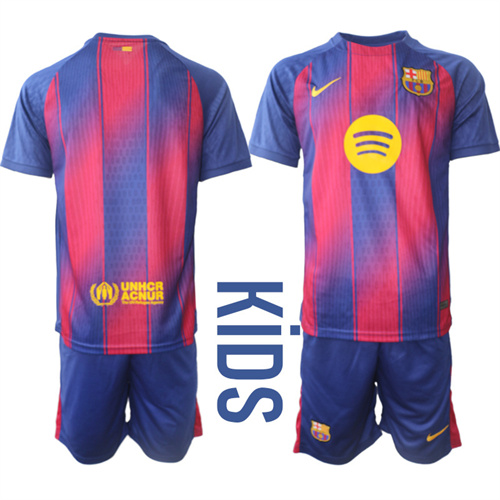 Youth Barcelona Blank 2025-26 Home Kids Suit Soccer Jerseys