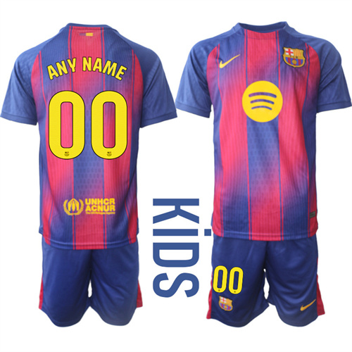 Youth Barcelona Custom Any Name And Number 2025-26 Home Kids Suit Soccer Jerseys