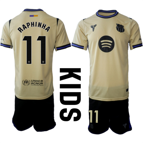 Youth FC Barcelona #11 RAPHINHA 2025-26 away Kids Suit Soccer Jerseys