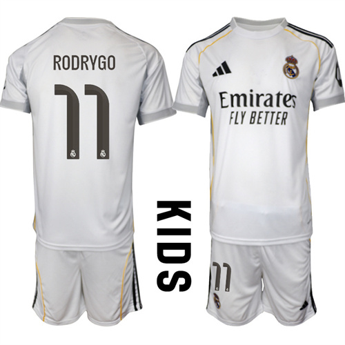 Youth Real Madrid #11 RODRYGO 2025-26 home Kids Suit Soccer Jerseys