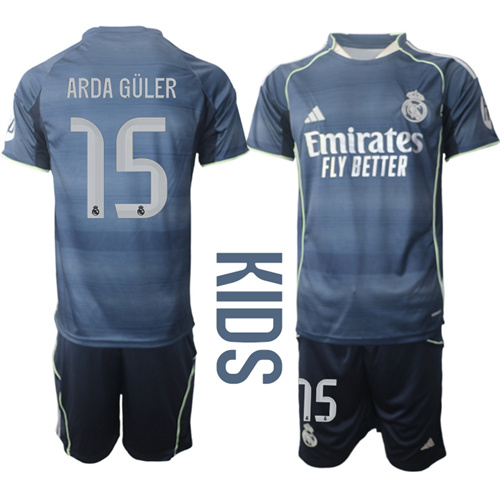 Youth Real Madrid #15 ARDA GULER 2025-26 away Kids Suit Soccer Jerseys