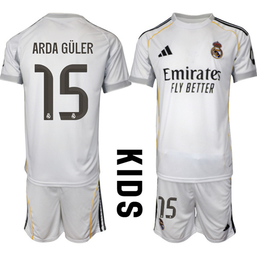 Youth Real Madrid #15 ARDA GULER 2025-26 home Kids Suit Soccer Jerseys