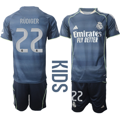 Youth Real Madrid #22 RUDIGER 2025-26 away Kids Suit Soccer Jerseys