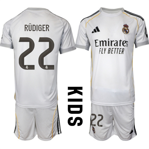 Youth Real Madrid #22 RUDIGER 2025-26 home Kids Suit Soccer Jerseys