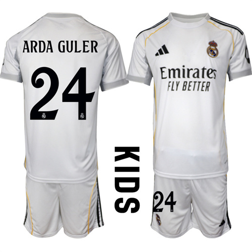 Youth Real Madrid #24 ARDA GULER 2025-26 home Kids Suit Soccer Jerseys