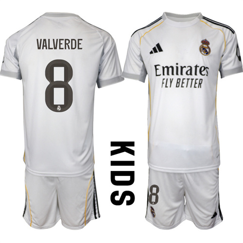 Youth Real Madrid #8 VALVERDE 2025-26 home Kids Suit Soccer Jerseys
