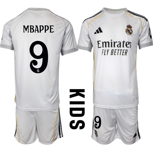 Youth Real Madrid #9 MBAPPE 2025-26 home Kids Suit Soccer Jerseys