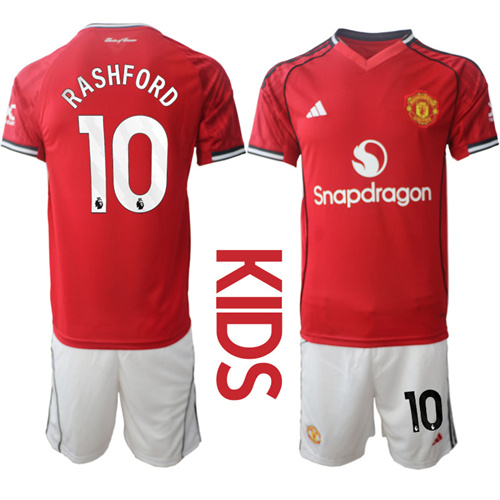 Youth Manchester United #10 RASHFORD 2025-26 Home Kids Suit Soccer Jerseys