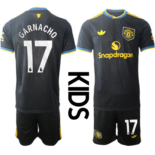 Youth Manchester United #17 GARNACHO 2025-26 Away 2nd Kids Suit Soccer Jerseys