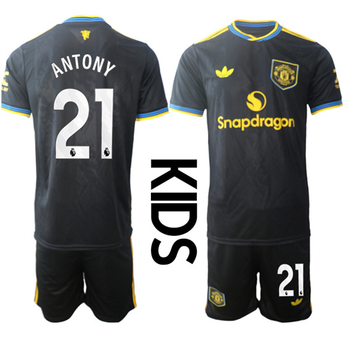 Youth Manchester United #21 ANTONY 2025-26 Away 2nd Kids Suit Soccer Jerseys