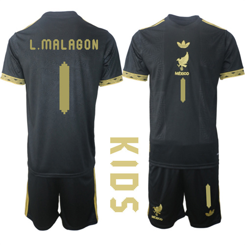 Youth Mexico de Oro #1 L.MALAGON 2025-26 México de Oro Third Away Black Gold Short Sleeve Match Soccer Kids Suit Jersey