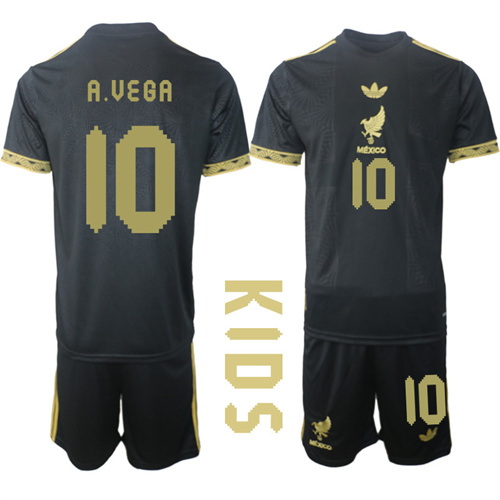 Youth Mexico de Oro #10 A.VEGA 2025-26 México de Oro Third Away Black Gold Short Sleeve Match Soccer Kids Suit Jersey