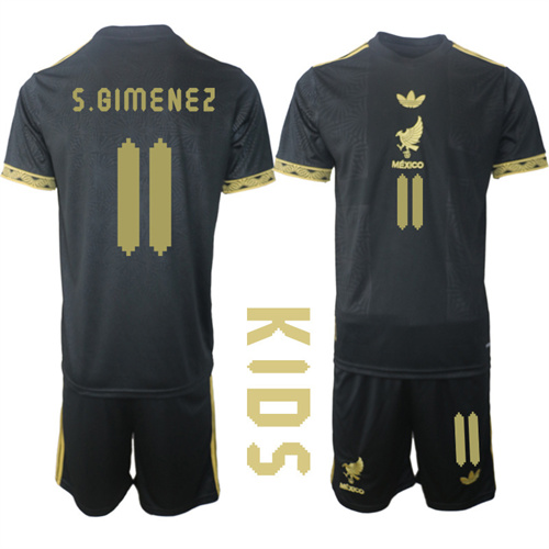Youth Mexico de Oro #11 S.GIMENEZ 2025-26 México de Oro Third Away Black Gold Short Sleeve Match Soccer Kids Suit Jersey