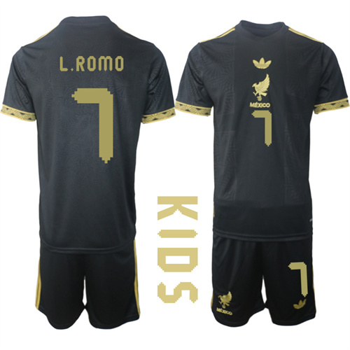 Youth Mexico de Oro #7 L.ROMO 2025-26 México de Oro Third Away Black Gold Short Sleeve Match Soccer Kids Suit Jersey