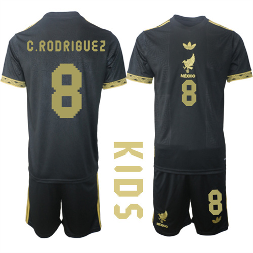 Youth Mexico de Oro #8 C.RODRIGUEZ 2025-26 México de Oro Third Away Black Gold Short Sleeve Match Soccer Kids Suit Jersey