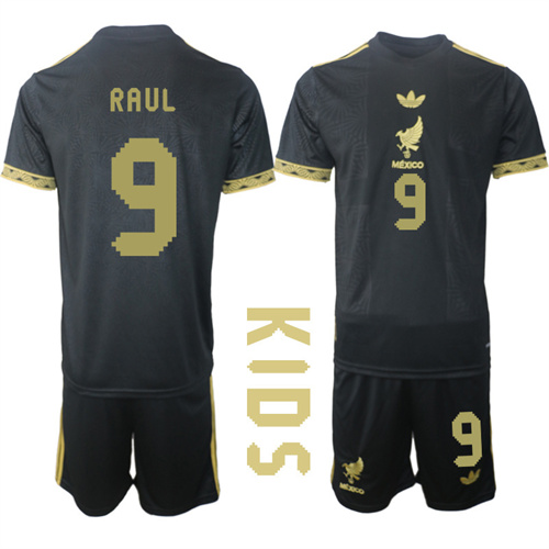 Youth Mexico de Oro #9 RAUL 2025-26 México de Oro Third Away Black Gold Short Sleeve Match Soccer Kids Suit Jersey
