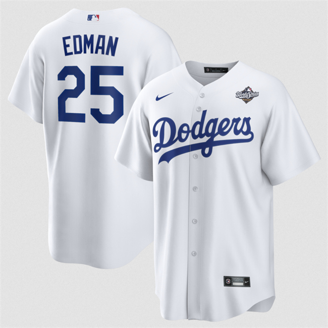 Men's Los Angeles Dodgers #25 Tommy Edman White 2025 World Series Home Cool Base Stitched Baseball Jersey