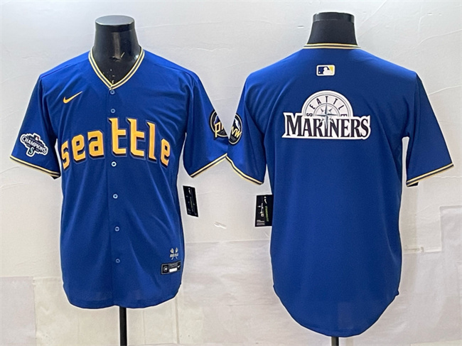 Men's Seattle Mariners Team Big Logo Royal With 2025 AL West Division Champions Patch City Connect Limited Stitched Baseball Jersey
