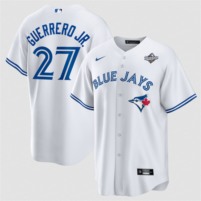 Men's Toronto Blue Jays #27 Vladimir Guerrero Jr. White 2025 World Series Home Cool Base Stitched Jersey