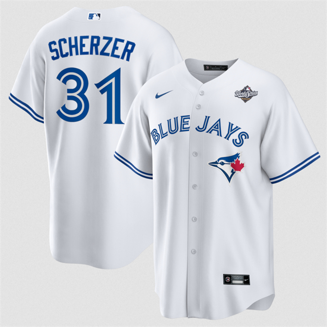 Men's Toronto Blue Jays #31 Max Scherzer White 2025 World Series Home Cool Base Stitched Jersey