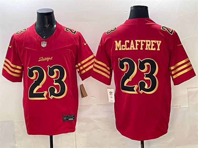 Men's San Francisco 49ers #23 Christian McCaffrey Red Gold 2025 F.U.S.E. “Rivalries” Vapor Limited Football Stitched Jersey