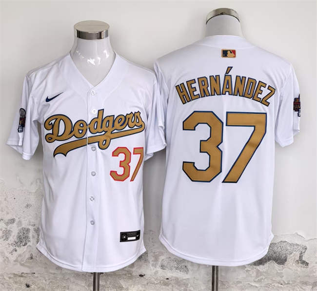 Men's Los Angeles Dodgers #37 Teoscar Hernández White Gold 2025 Cool Base Stitched Baseball Jersey