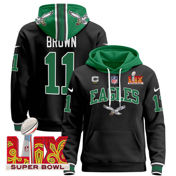 Men's Philadelphia Eagles #11 A.J. Brown Black 2025 Super Bowl LIX With 2-Star C Patch Pullover Stitched Hoodie