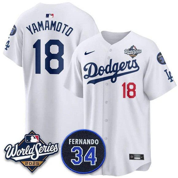Men's Los Angeles Dodgers #18 Yoshinobu Yamamoto White 2025 World Series With No. 34 Patch Limited Stitched Jersey