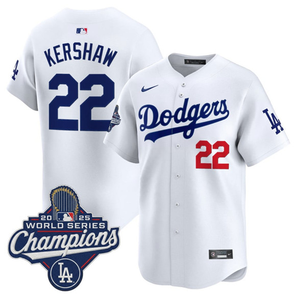 Men's Los Angeles Dodgers #22 Clayton Kershaw White 2025 Champions Stitched Baseball Jersey