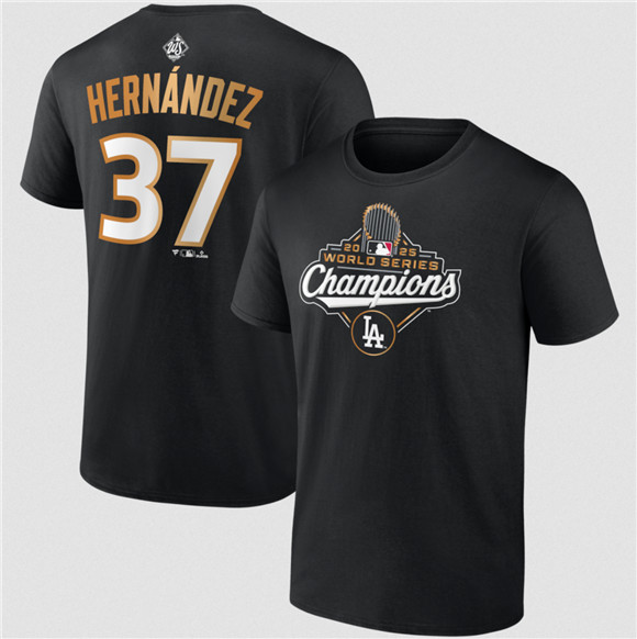 Men's Los Angeles Dodgers #37 Teoscar Hernández Black 2025 World Series Champions Name & Number T-Shirt