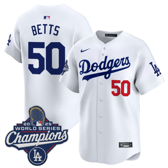 Men's Los Angeles Dodgers #50 Mookie Betts White 2025 Champions Stitched Baseball Jersey