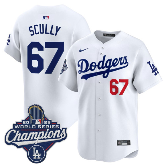 Men's Los Angeles Dodgers #67 Vin Scully White 2025 Champions Stitched Baseball Jersey