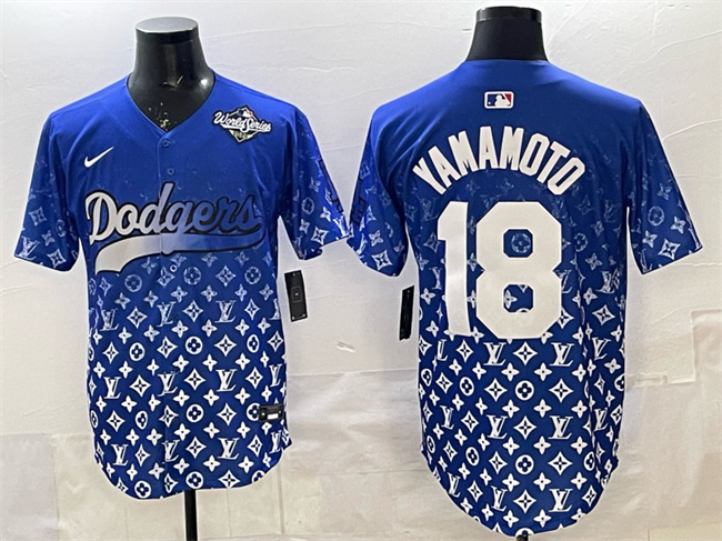 Men's Los Angeles Dodgers #18 Yoshinobu Yamamoto Blue 2025 World Series Patch Limited Stitched Baseball Jersey