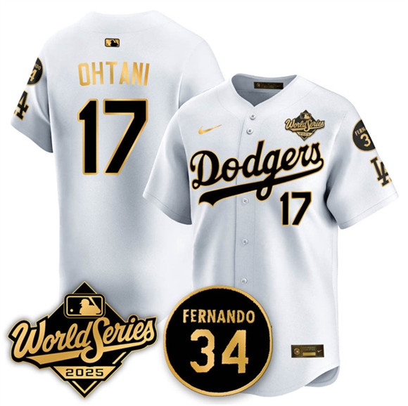 Men's Los Angeles Dodgers #17 Shohei Ohtani White Gold 2025 World Series With No.34 Patch Limited Stitched Baseball Jersey
