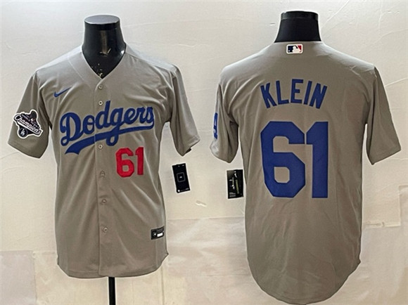 Men's Los Angeles Dodgers #61 Will Klein Gray 2025 World Series Champions Patch Cool Base Limited Stitched Baseball Jersey