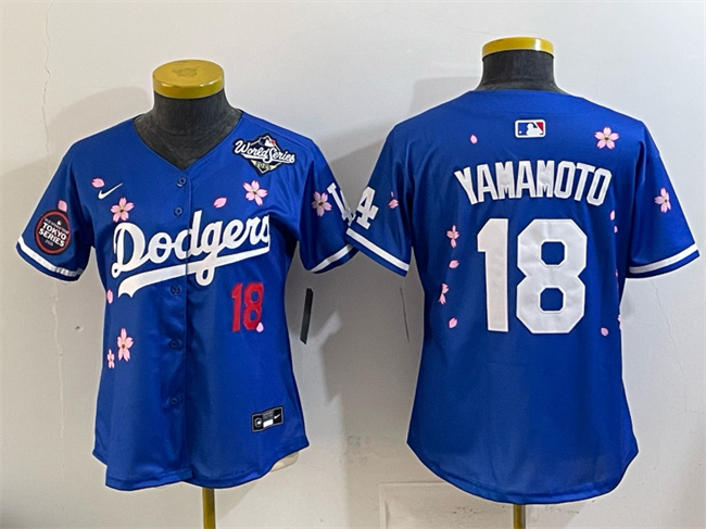 Women's Los Angeles Dodgers #18 Yoshinobu Yamamoto Royal 2025 World Series Patch Tokyo Series Limited Stitched Baseball Jersey(Run Small)