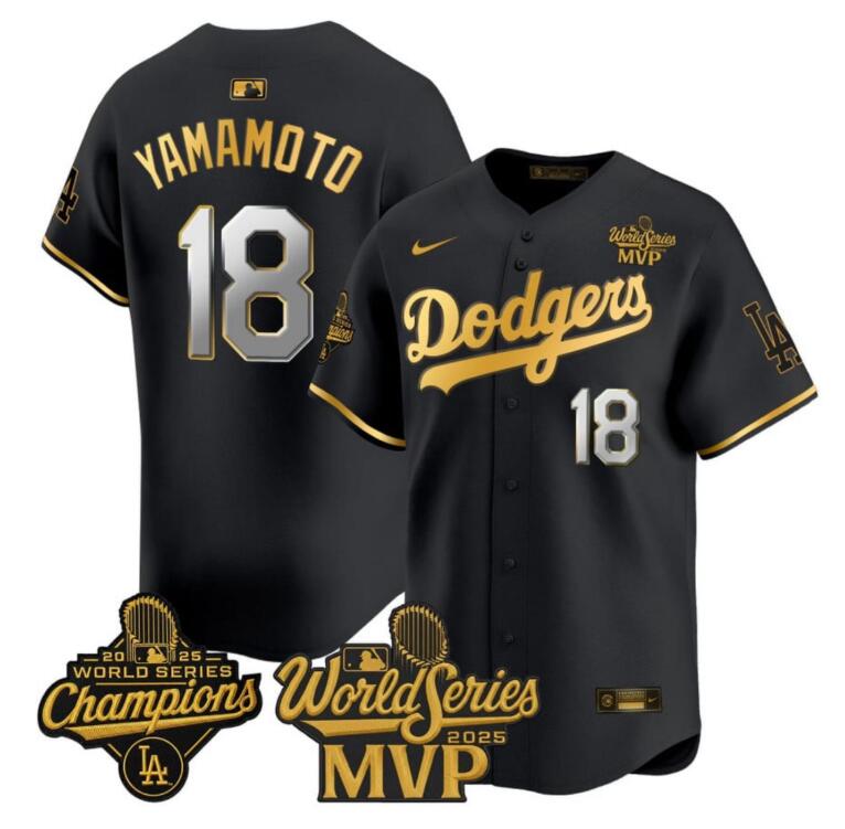 Men's Los Angeles Dodger Yoshinobu Yamamoto #18 Champions World Series Gold MVP Patch 2025 Black STITCHED Jersey
