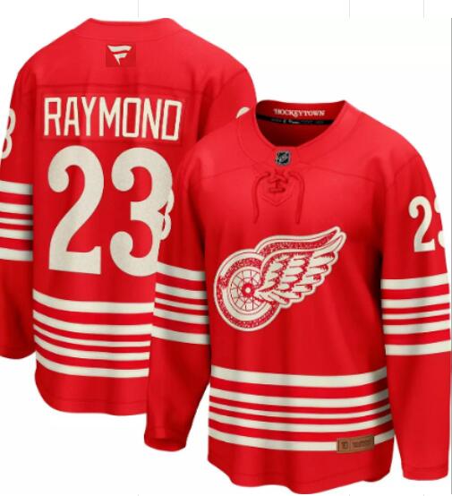 Men's Detroit Red Wings #23 Lucas Raymond Red 2025 Centennial Premium Stitched Jersey