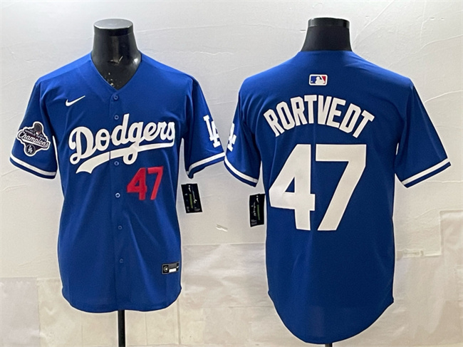 Men's Los Angeles Dodgers #47 Ben Rortvedt Royal 2025 World Series Champions Patch Limited Stitched Baseball Jersey