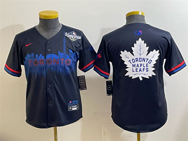 Youth Toronto Blue Jays & Leafs Navy 2025 World Series City Connect With White Leafs Logo Limited Stitched Baseball Jersey